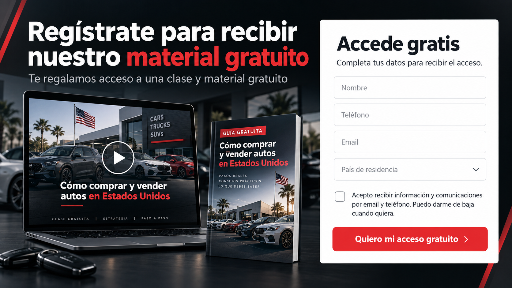 Mockup de la clase en una computadora junto a la guía gratuita de compra y venta de autos en Estados Unidos